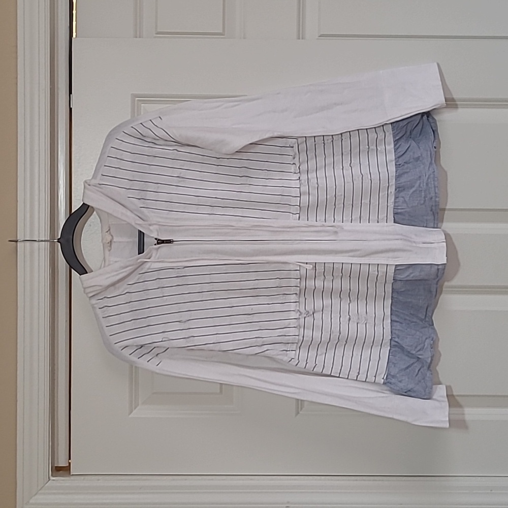 Hem & Thread White and Blue Distressed Full-Zip Hooded Sweatshirt - Size S